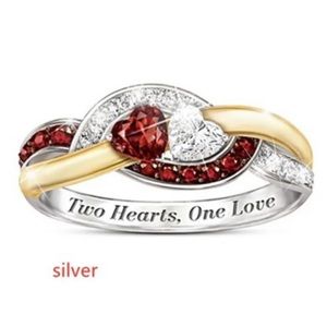 Silver Heart-Shaped Solid Color 14K Gold 2 Hearts 1 Love Ring